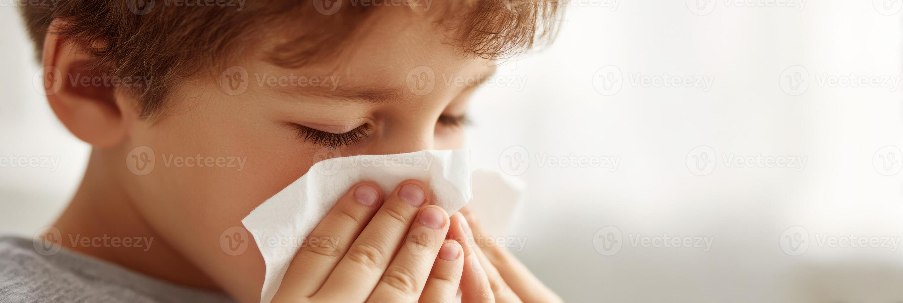 Child Blowing Nose Into Tissue in a Bright and Minimal Background During a Calm Indoor Setting, Focusing on Cleanliness and Care photo
