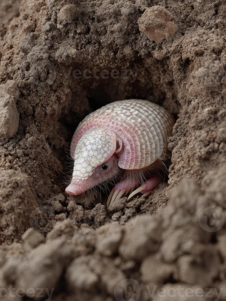 Pink Fairy Armadillo Partially Buried in Soft Earth, Showcasing Unique Texture and Colors, in Its Natural Habitat During Daylight Hours photo