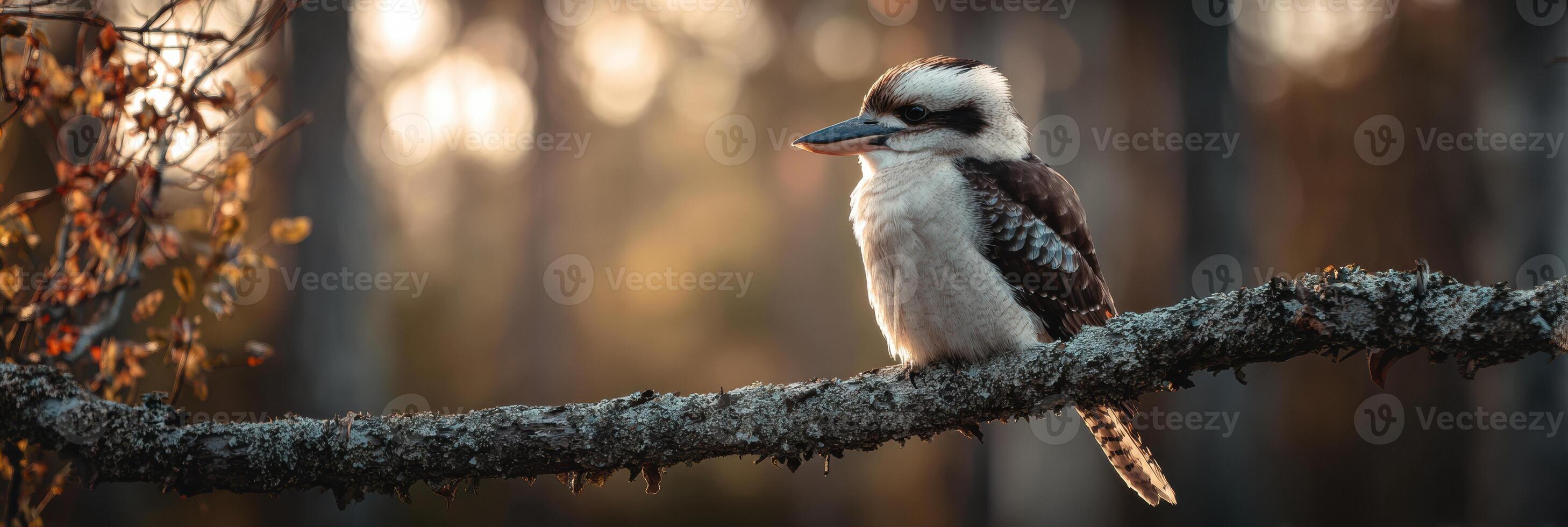 Kookaburra Perched on a Branch With Blurred Trees in the Background During Soft Evening Light photo