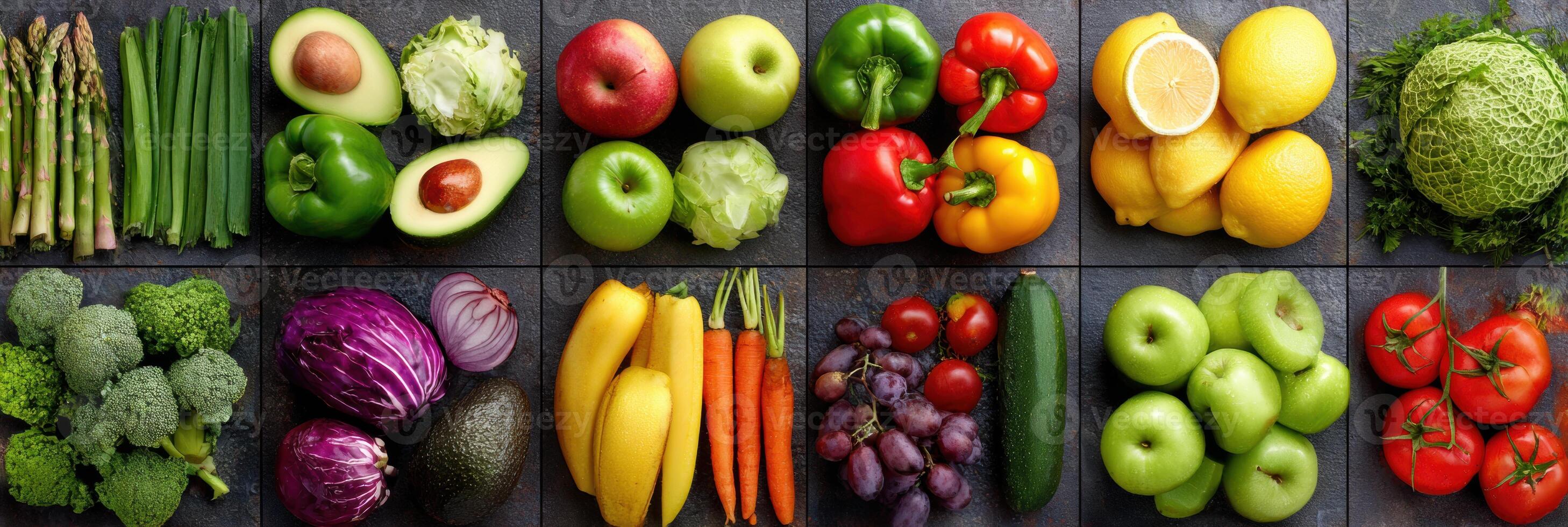 Healthy Food Grid Layout Featuring Vibrant Fruits and Vegetables Arranged in a Visually Appealing Manner for Meal Prep Ideas photo