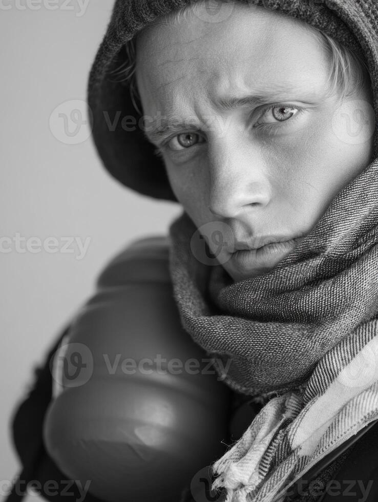 Person Sitting With Hot Pack and Scarf, Showing Fatigue in a Minimalist Indoor Space During a Cold Day photo