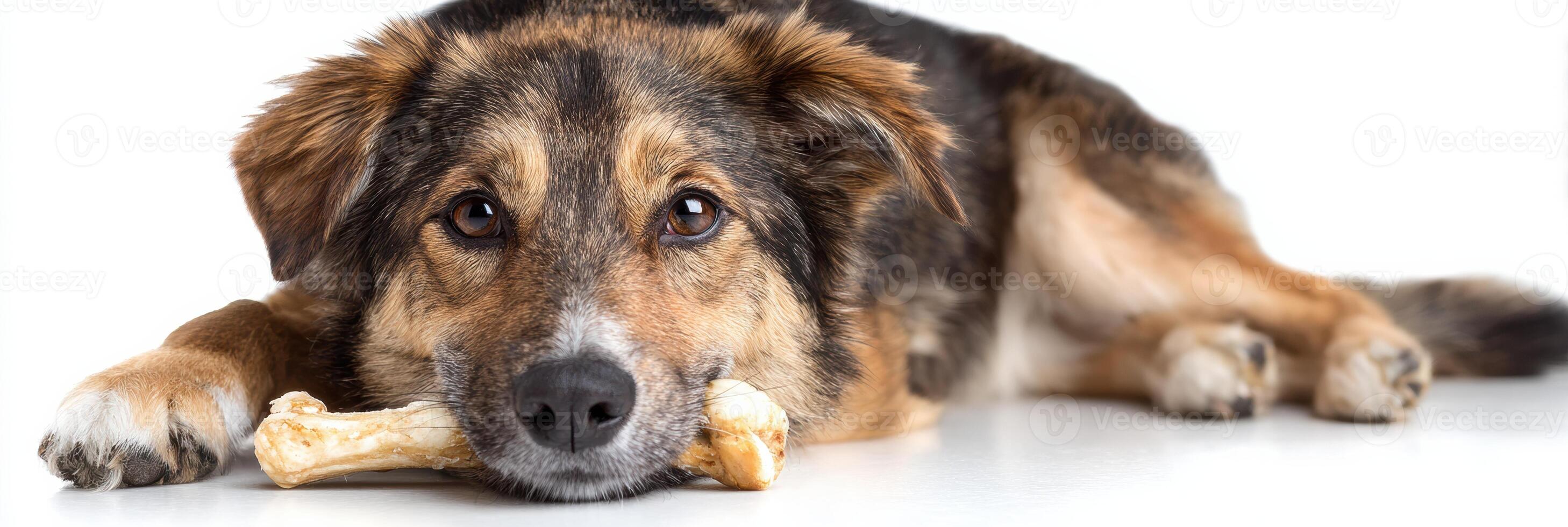 Dog Enjoying a Bone While Comfortably Resting on a Clean White Surface Ready for Text During Daytime Playtime photo