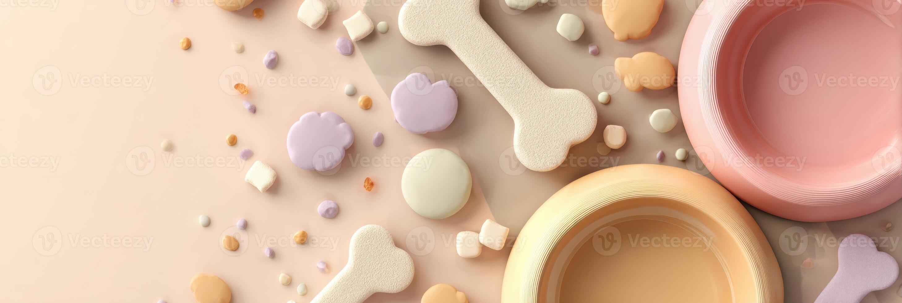 Creative Banner Mockup for Pet Brand Featuring Pastel Bowls and Bone Shapes in an Open and Inviting Design photo