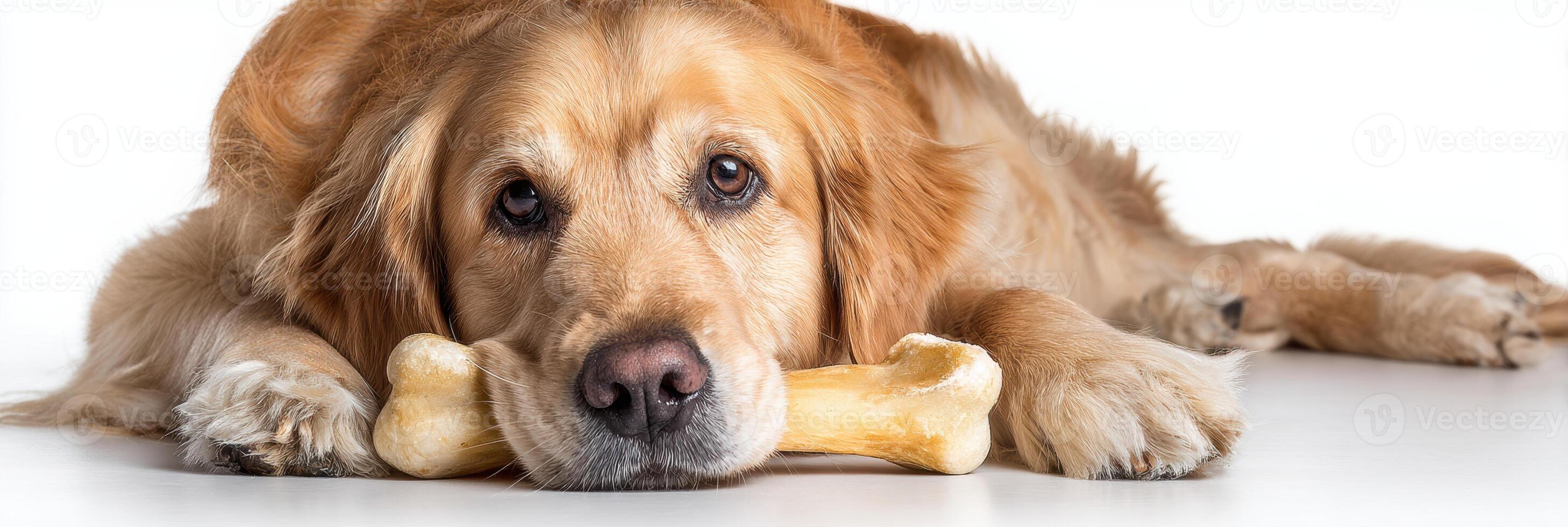 Dog Chewing a Bone on Clean White Background With Space for Text Above photo