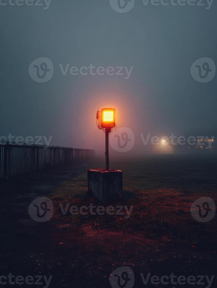 Blinking Warning Light Illuminates Foggy Landscape Near Distant Buildings at Dusk photo