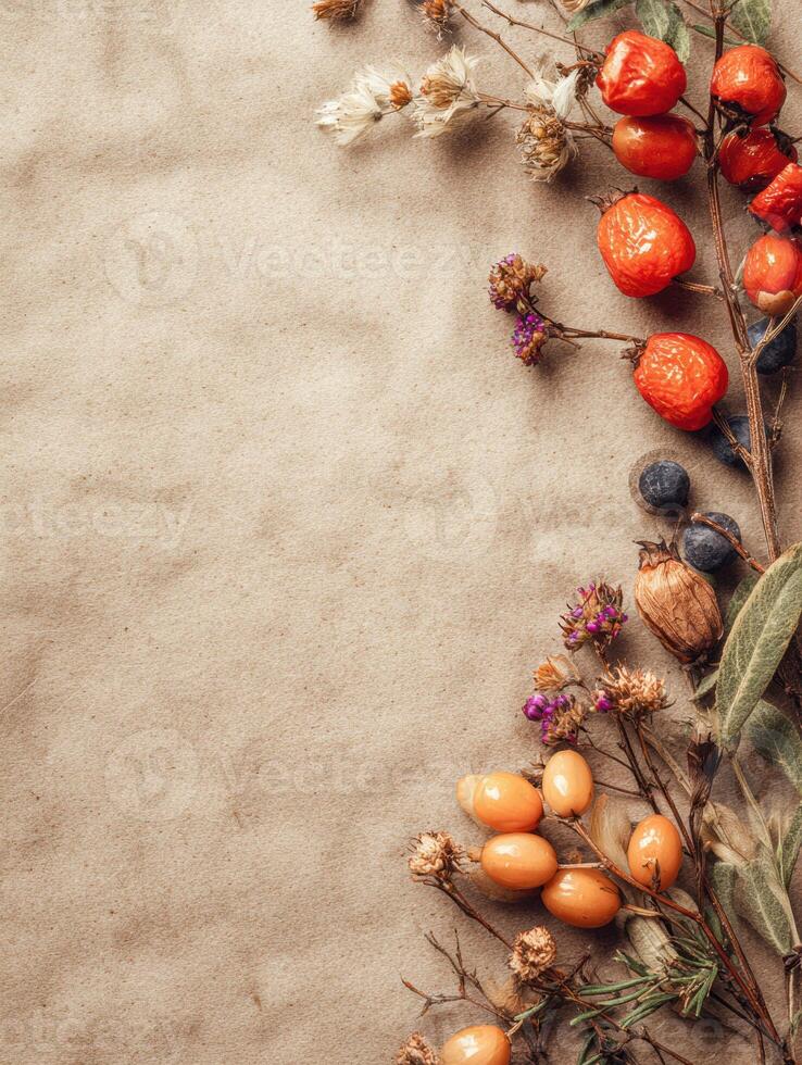 Herbal Arrangement Showcasing Vibrant Fruits on Craft Paper With Natural Tones and an Empty Top Space Inviting Creativity photo