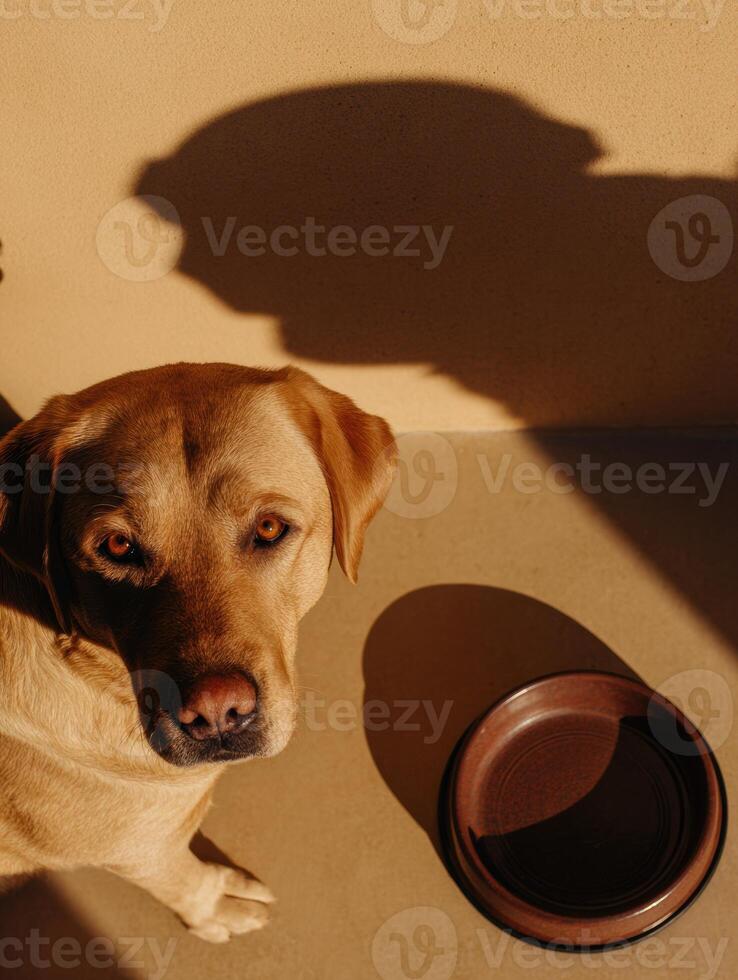 Cute Labrador Sitting Beside an Empty Food Bowl Showing a Playful Shadow During Sunny Afternoon Light photo