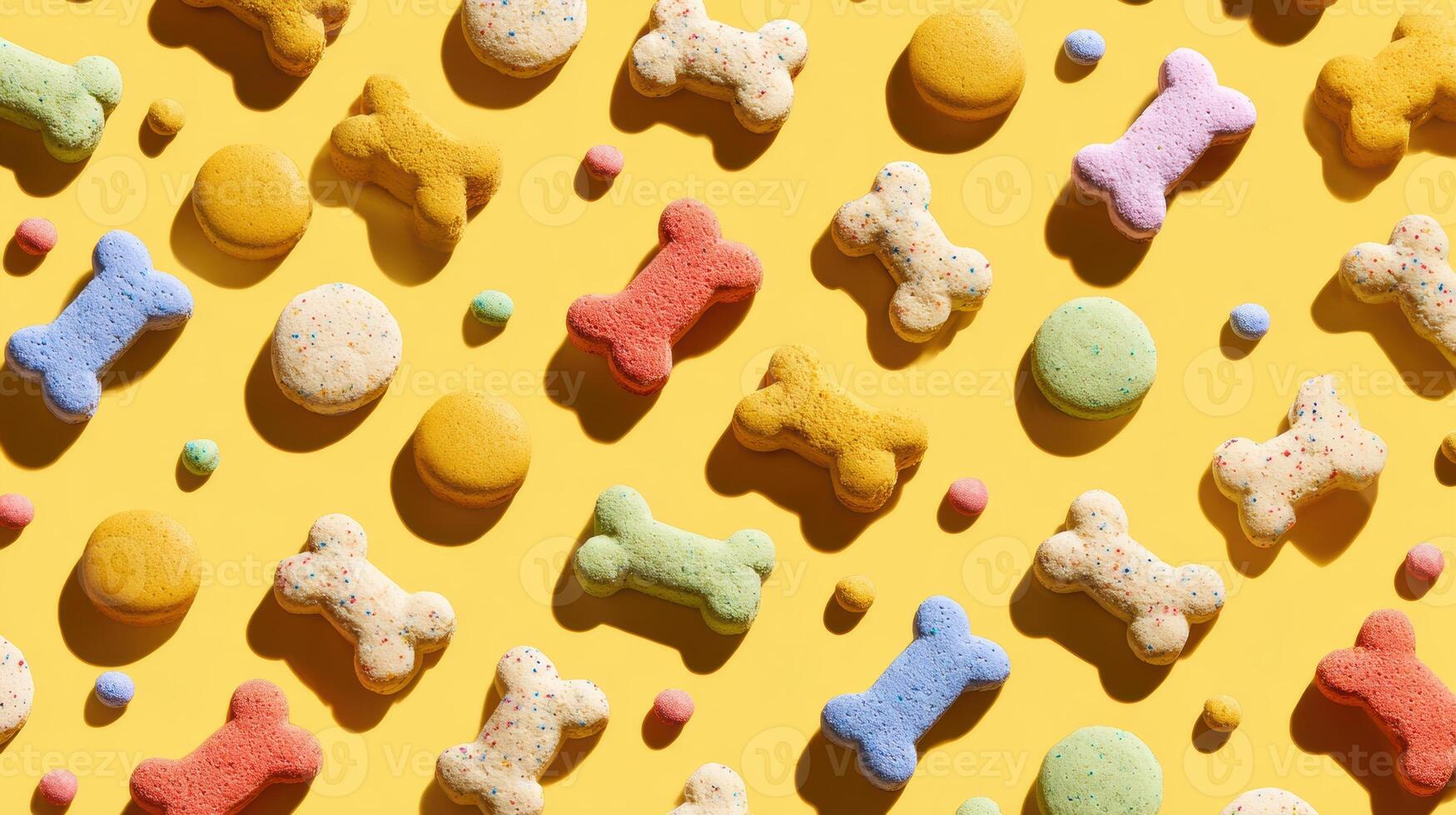 Bright and Playful Arrangement of Colorful Dog Treats on a Dotted Background With a Clean Upper Third Space for Branding photo