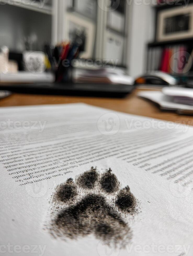 Cat Paw Print on Paperwork With a Neat Desk in the Background, Showcasing a Playful Moment in a Workspace photo