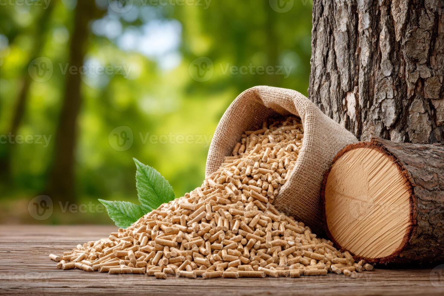 Wooden pellets and log on a table with green leaves, an eco friendly and sustainable fuel photo