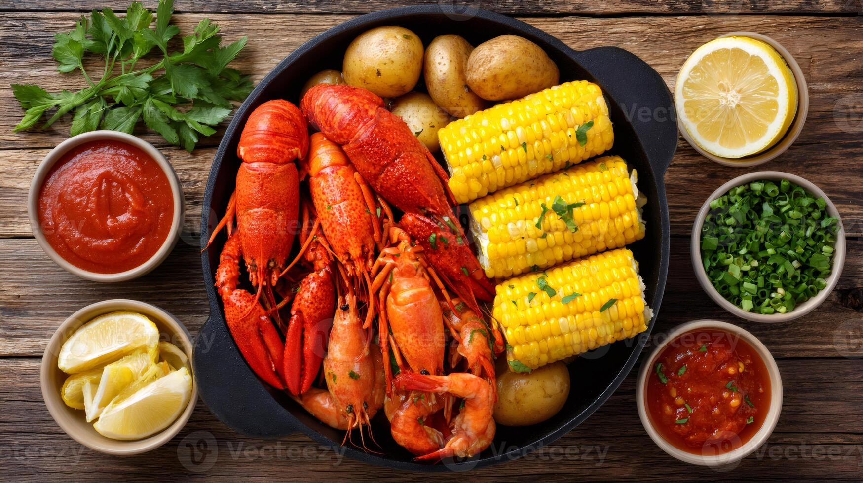 Delicious crawfish boil with corn on the cob, potatoes, and dipping sauces photo