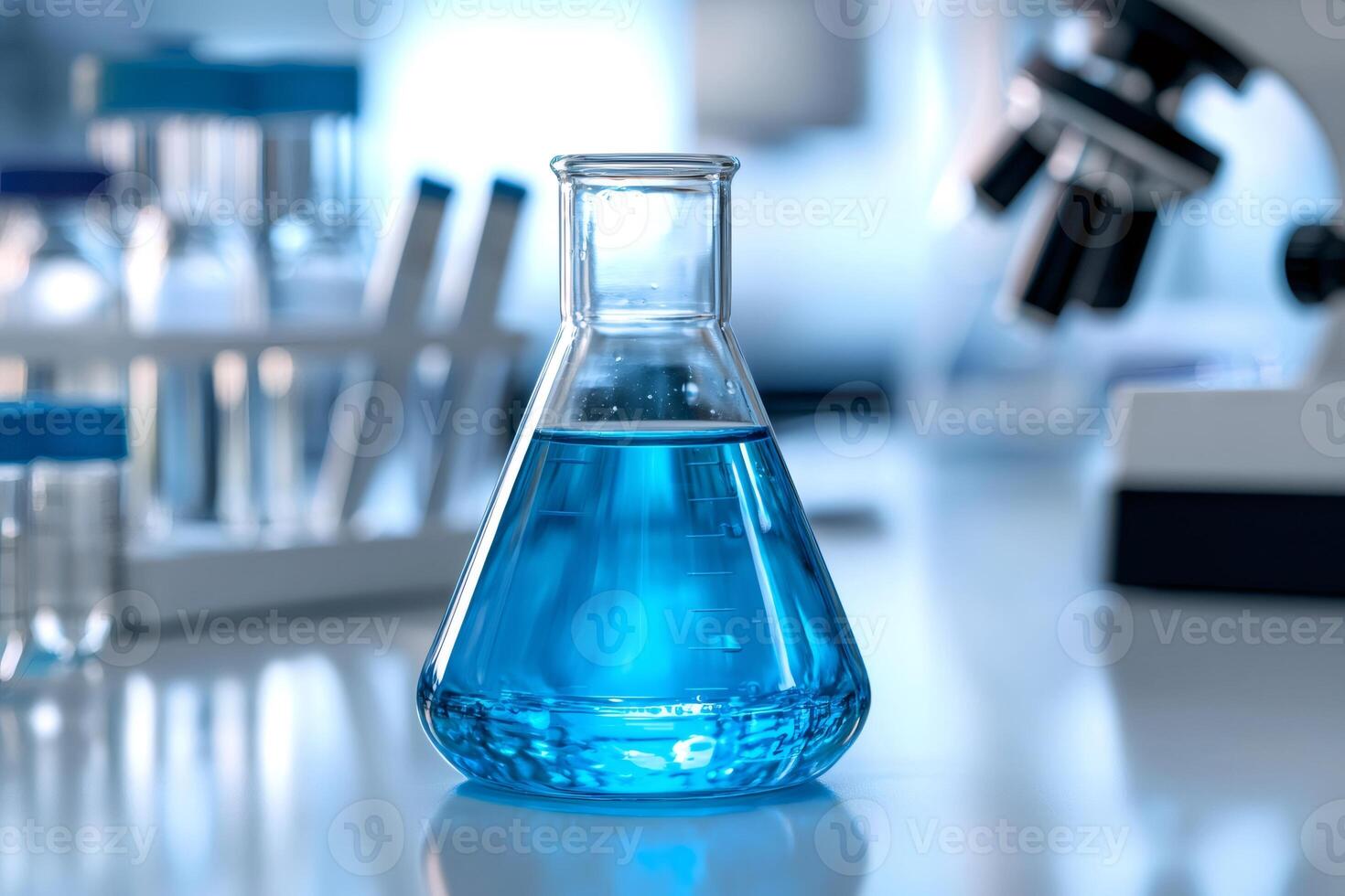 Erlenmeyer flask containing blue chemical liquid stands in laboratory setting photo