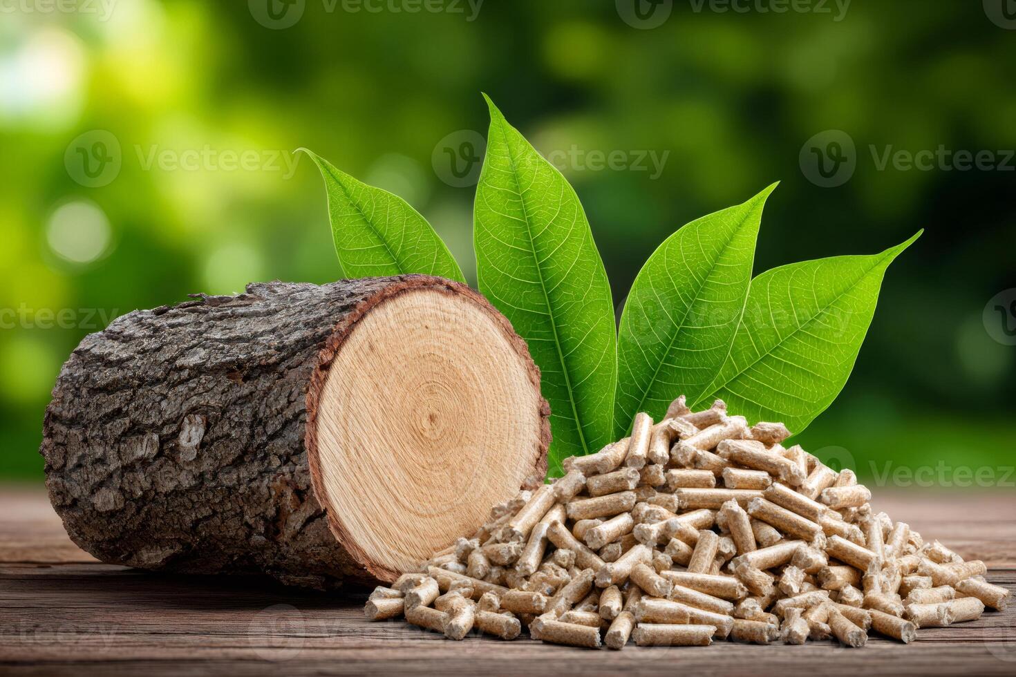 Wooden pellets representing sustainable energy and green leaves symbolizing eco friendliness photo