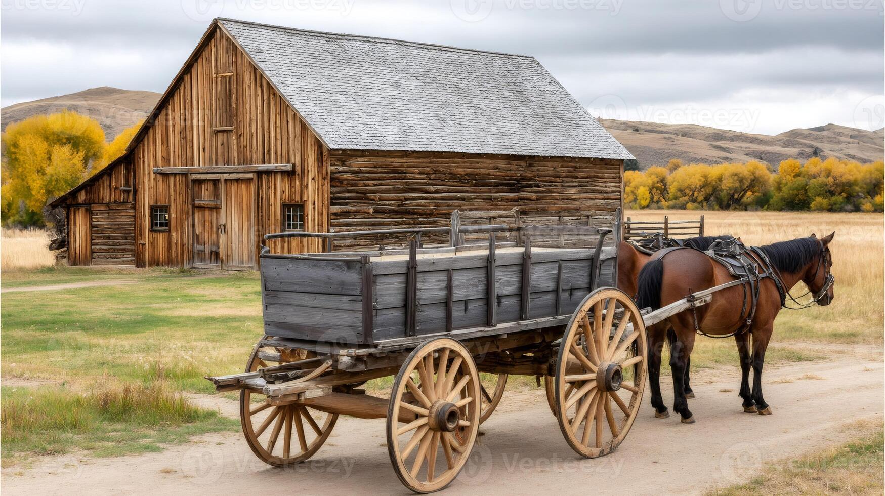 Horses waiting near wooden wagon and barn in autumn landscape photo