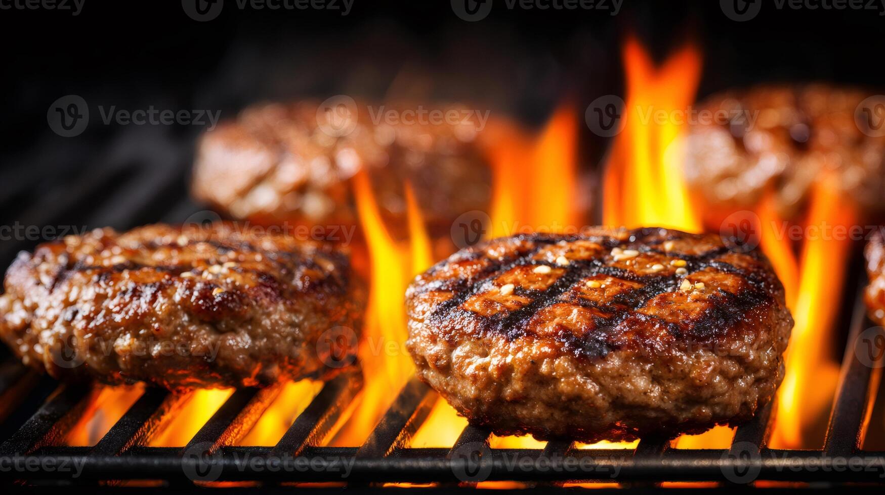 Delicious grilled hamburgers cooking on a hot flaming bbq grill photo