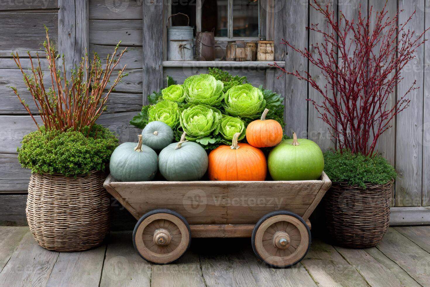 Wooden cart displaying colorful pumpkins and ornamental cabbage in rustic setting photo