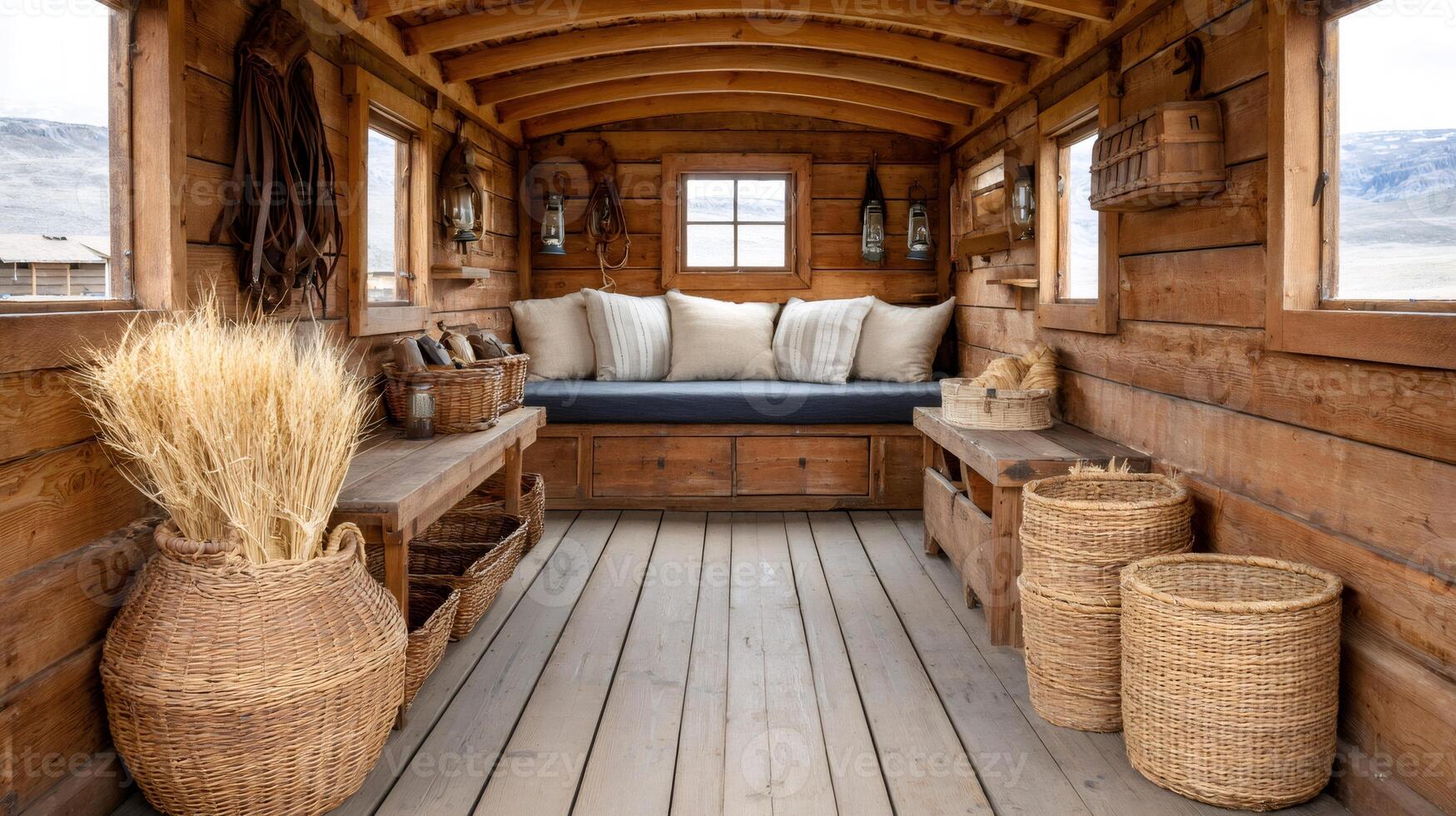 Cozy interior of rustic wooden wagon featuring cushioned bench and wicker baskets photo