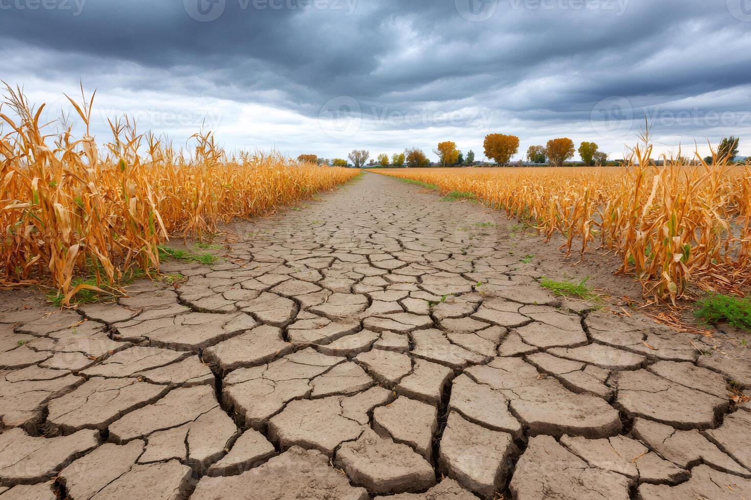 Cracked earth and dry cornfields under stormy skies photo