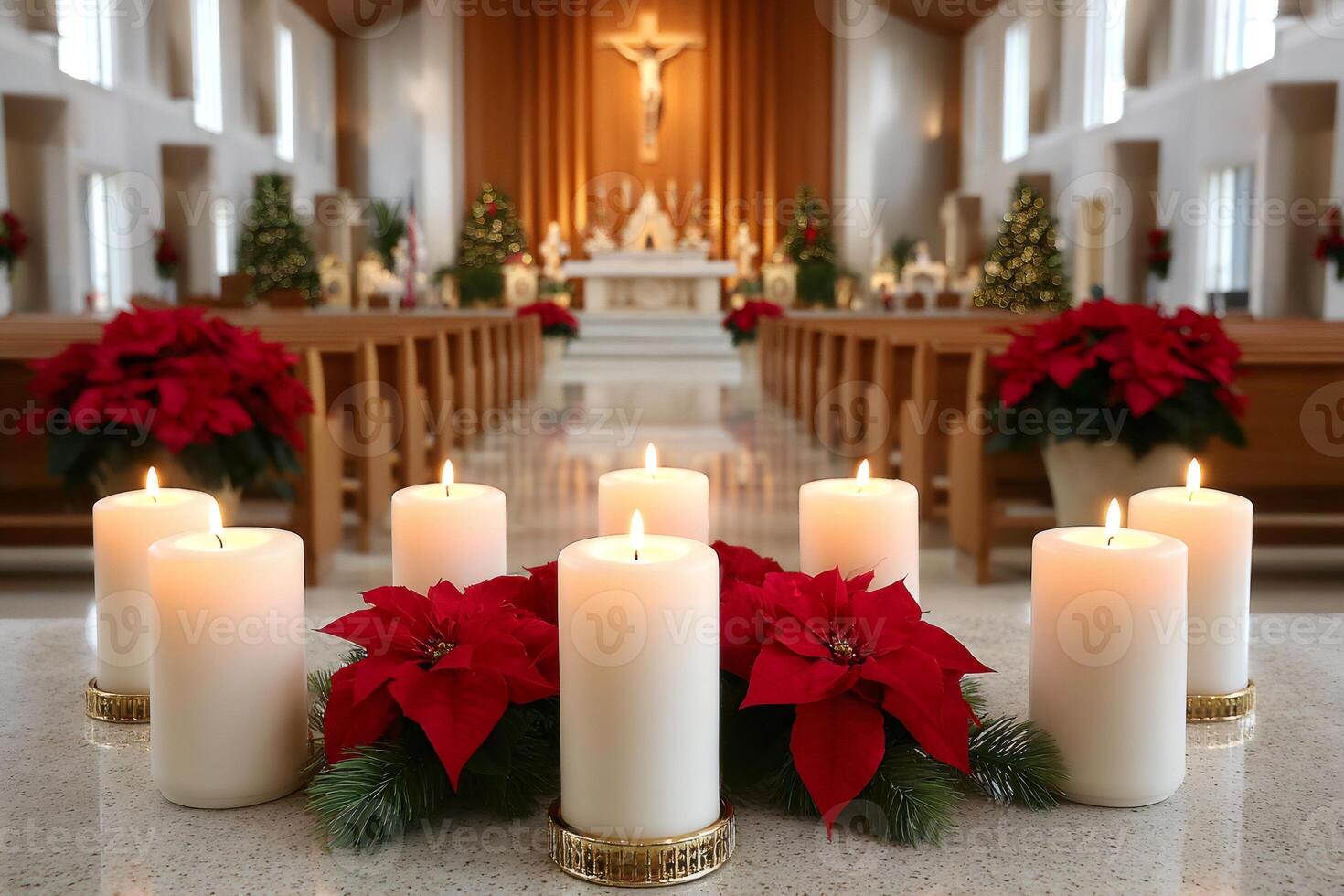 Burning advent candles decorating church altar during christmas season photo