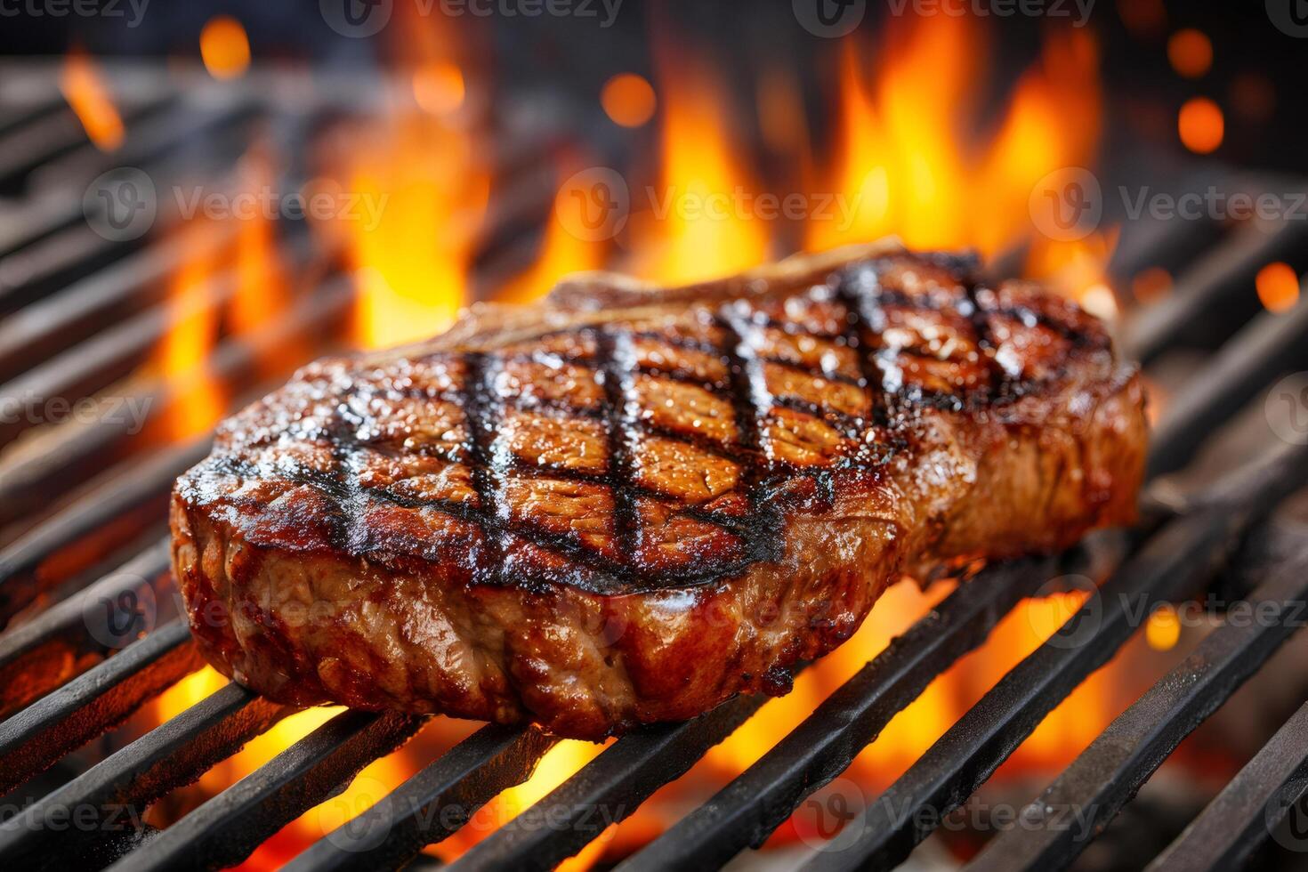 Grilled beef steak cooking over flames on a barbecue grill photo