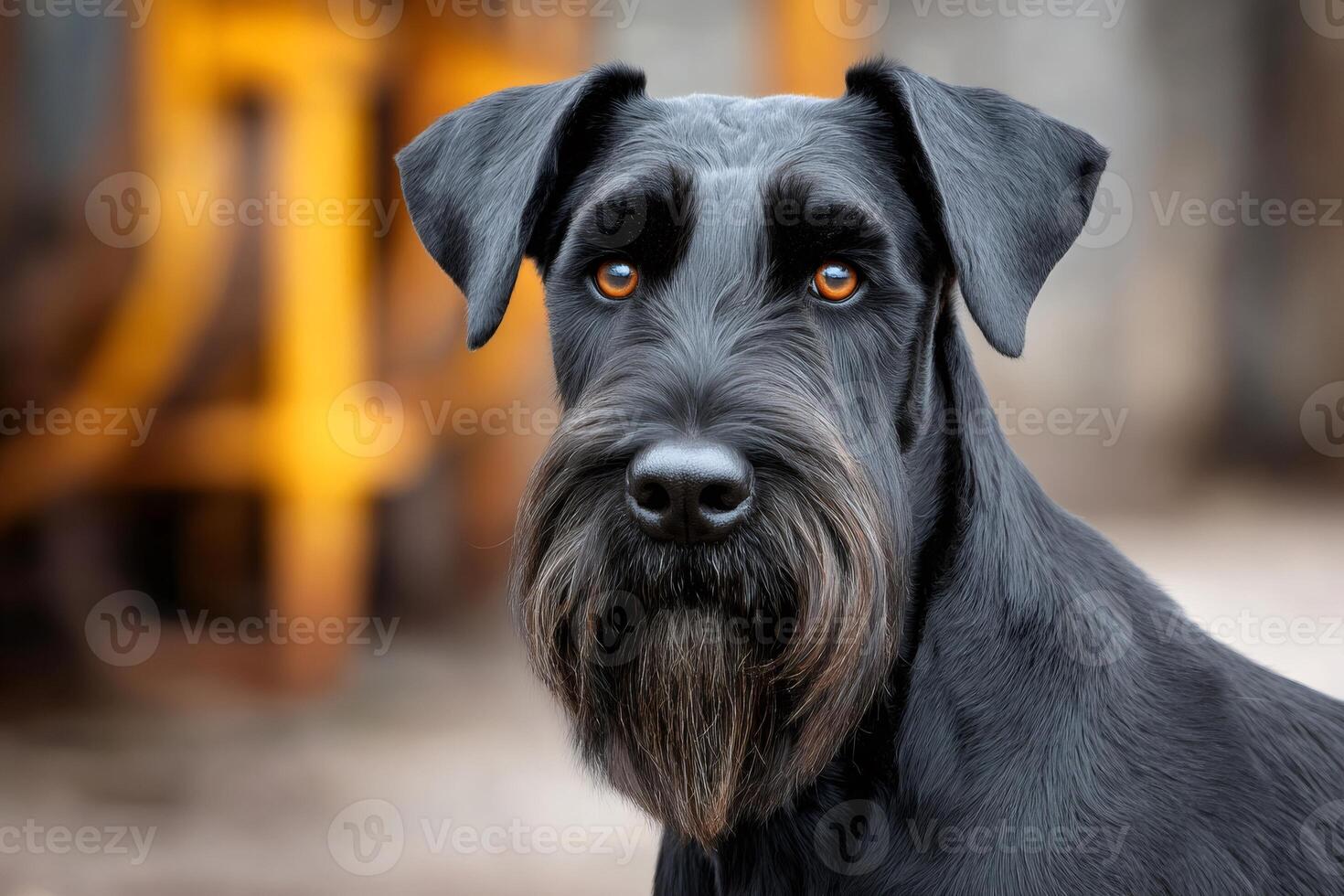 Black giant schnauzer dog showing intense gaze outdoors photo