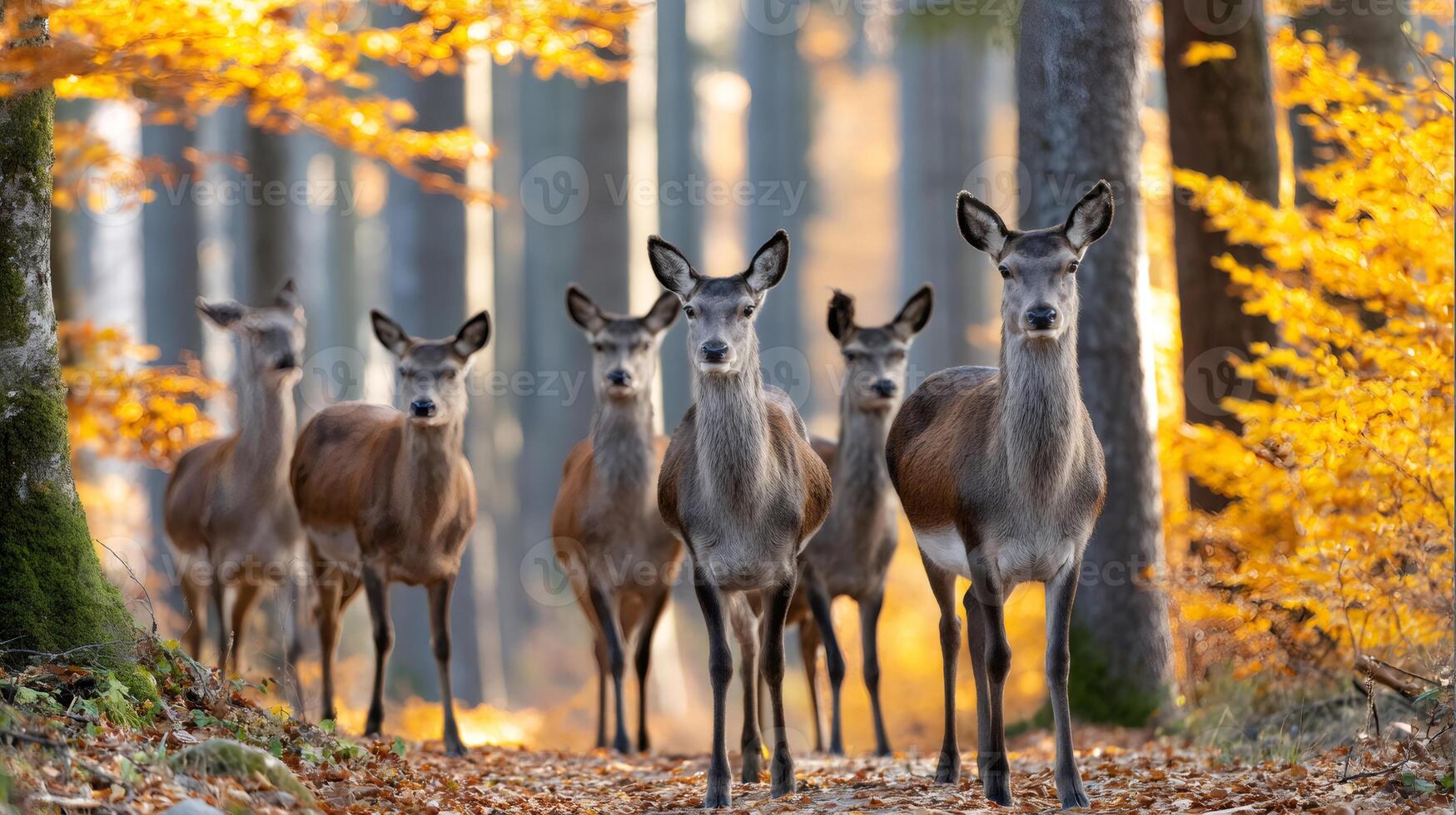 Red deer hinds standing on a path in an autumn forest photo
