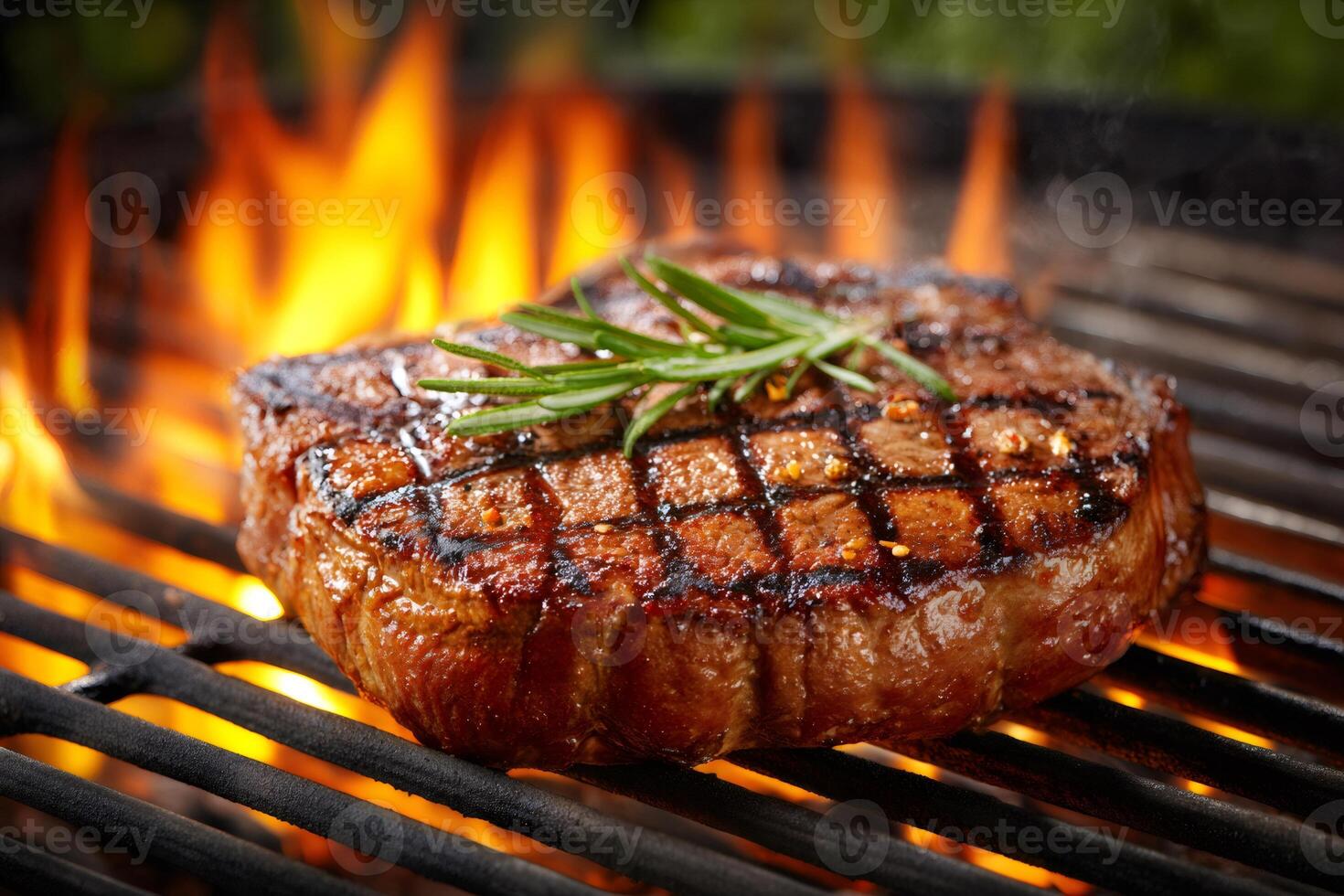 Delicious grilled beef steak with rosemary grilling on barbecue fire photo