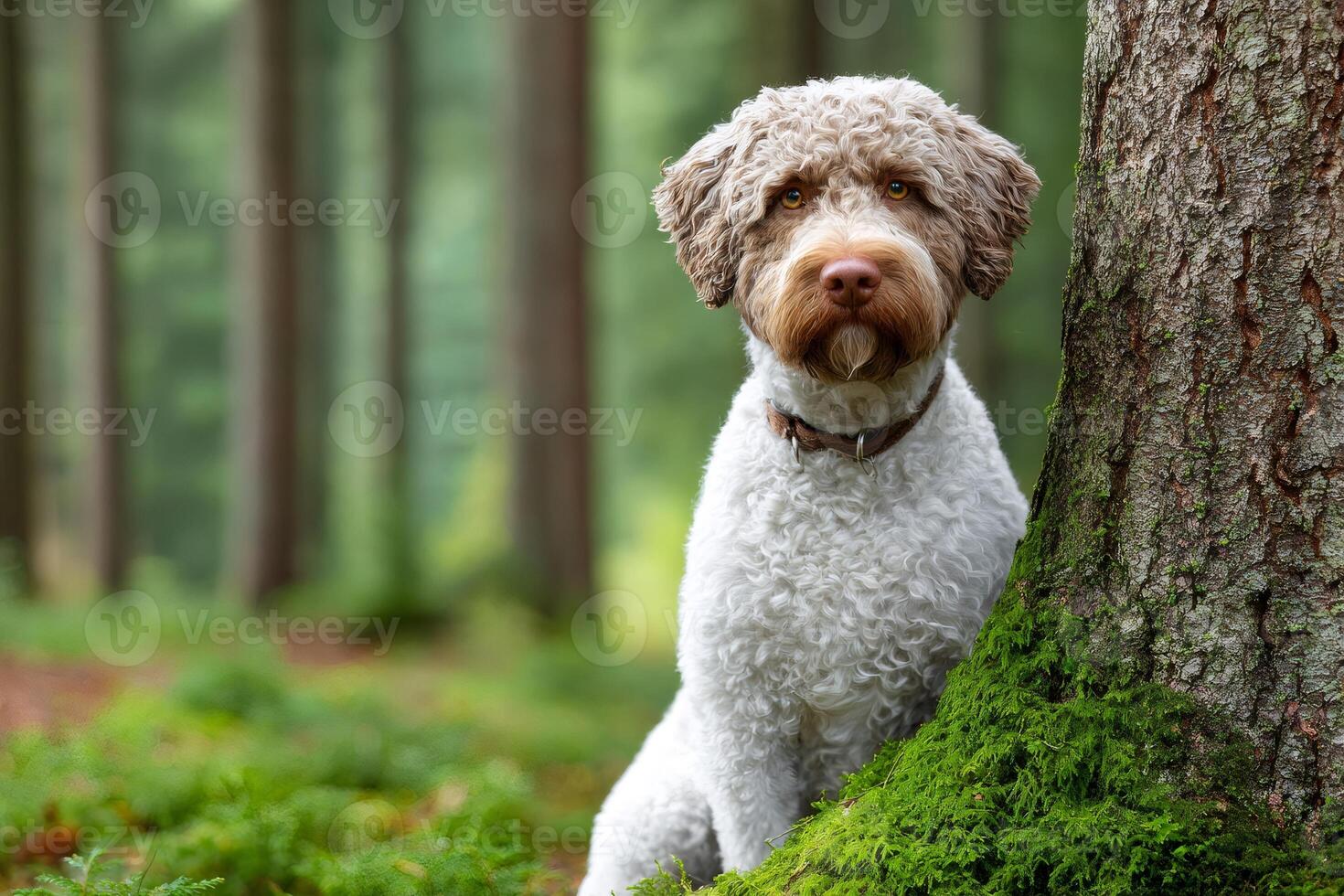 Lagotto romagnolo dog sitting near mossy tree in forest photo