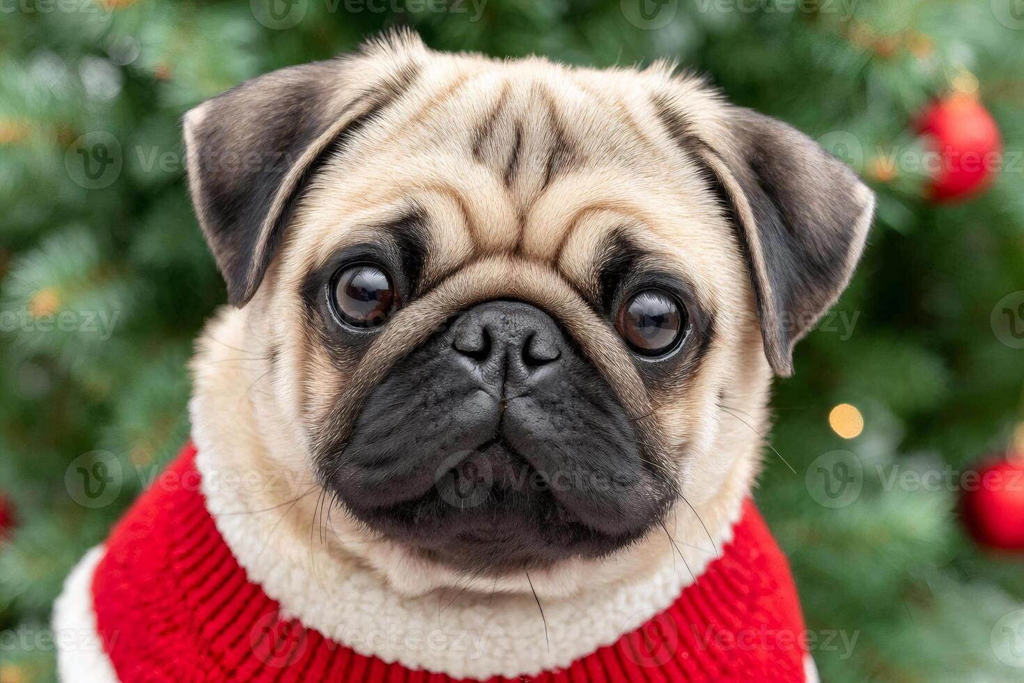 Cute pug puppy wearing christmas red sweater in front of christmas tree photo