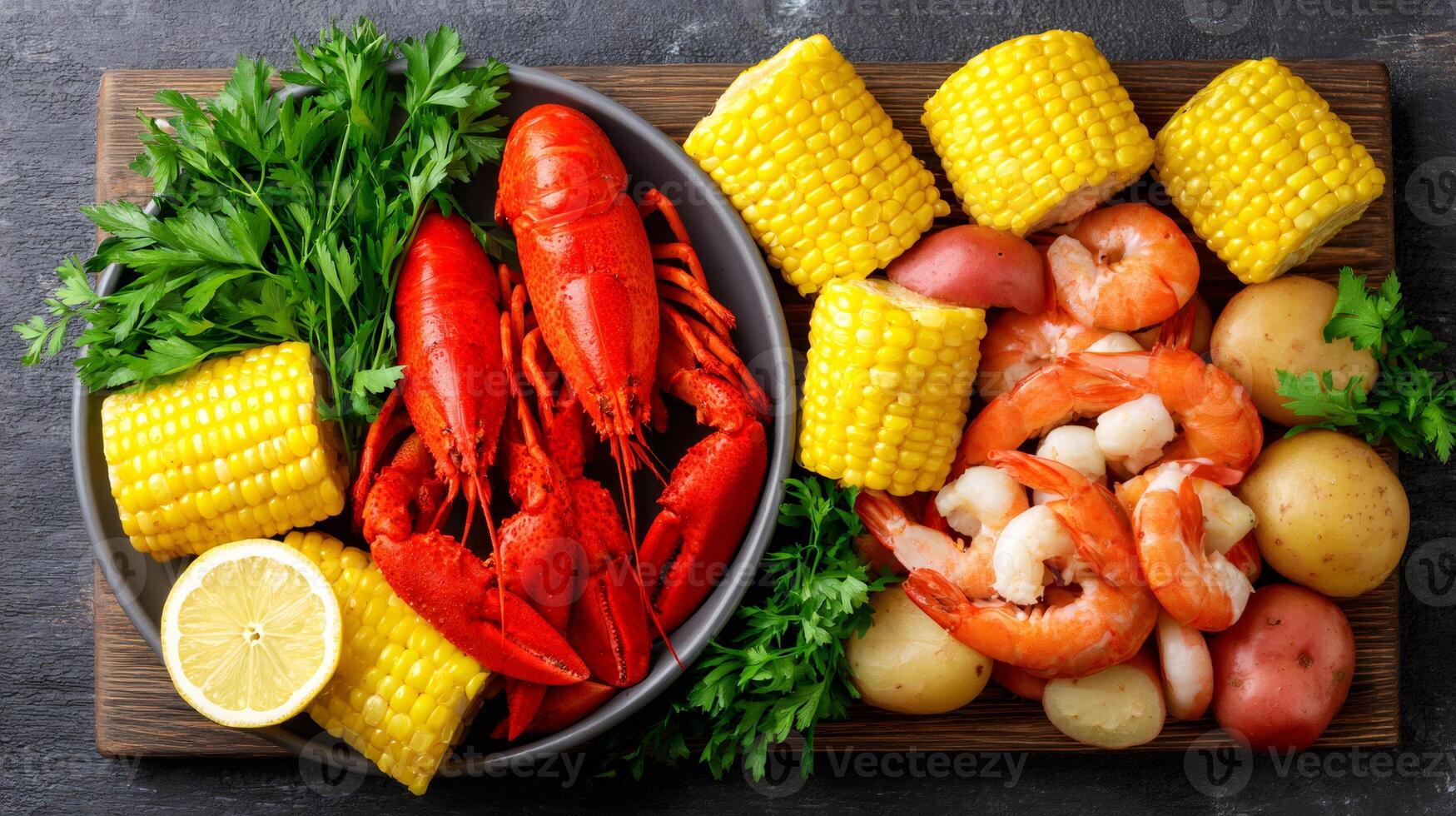 Delicious seafood boil featuring lobster, shrimp, corn on the cob, potatoes, and lemon photo