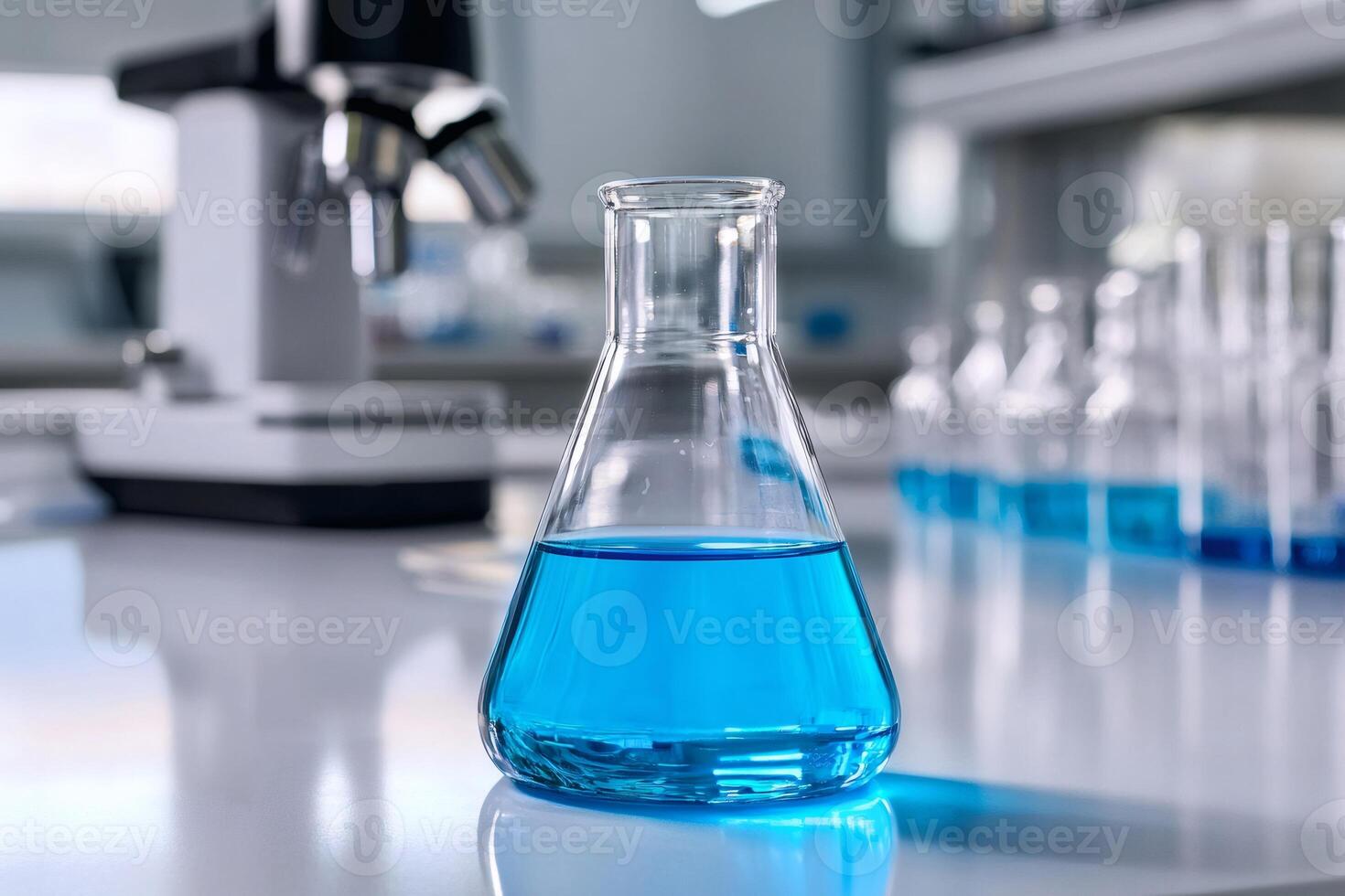 Erlenmeyer flask containing blue liquid stands on laboratory table. . photo