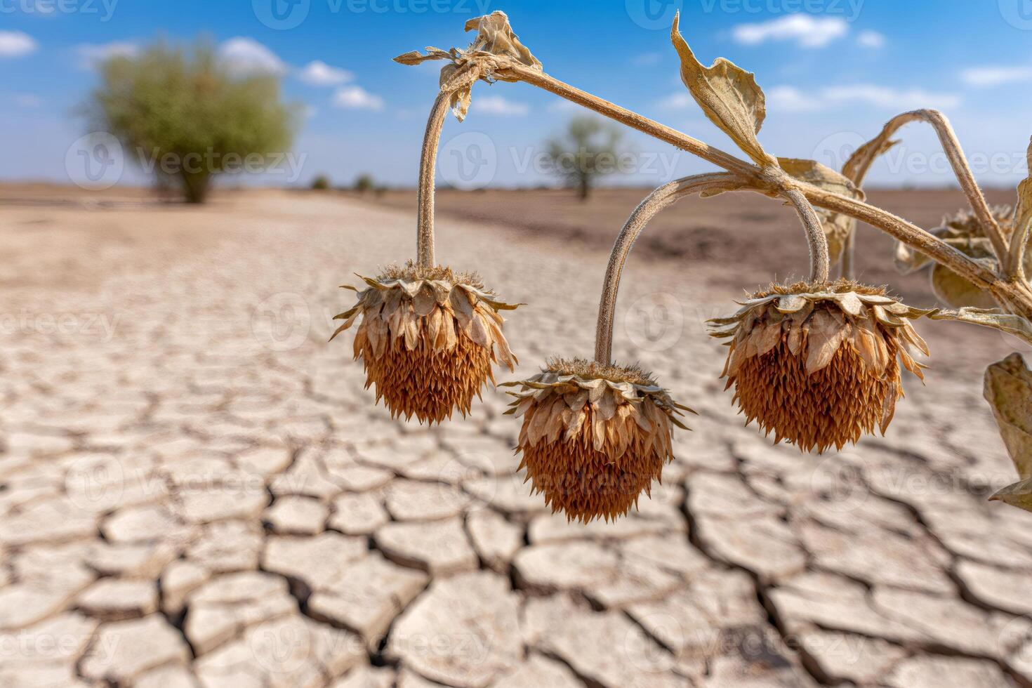 Dried sunflowers hanging over cracked soil in desert landscape photo