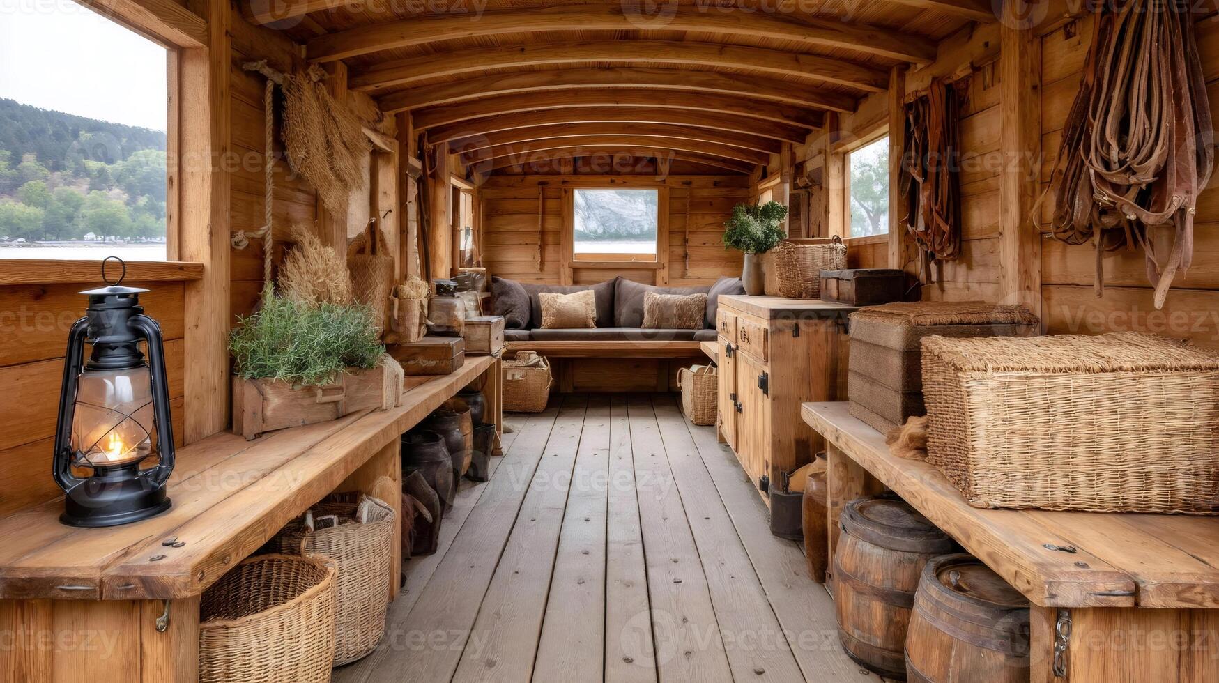 Interior of wooden ship cabin showing rustic charm and nautical decor photo