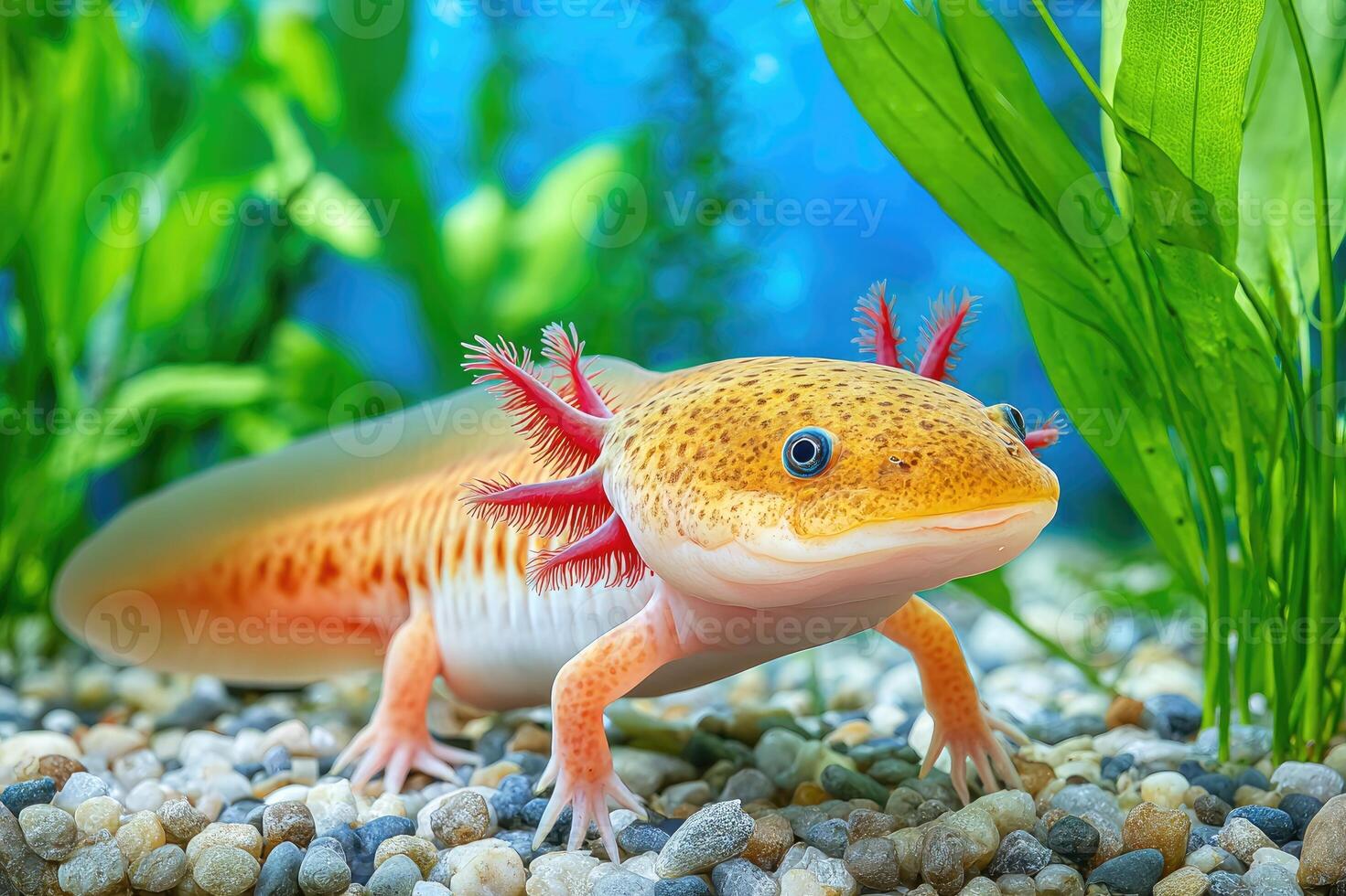 Golden albino axolotl walking on gravel in freshwater aquarium with green plants photo