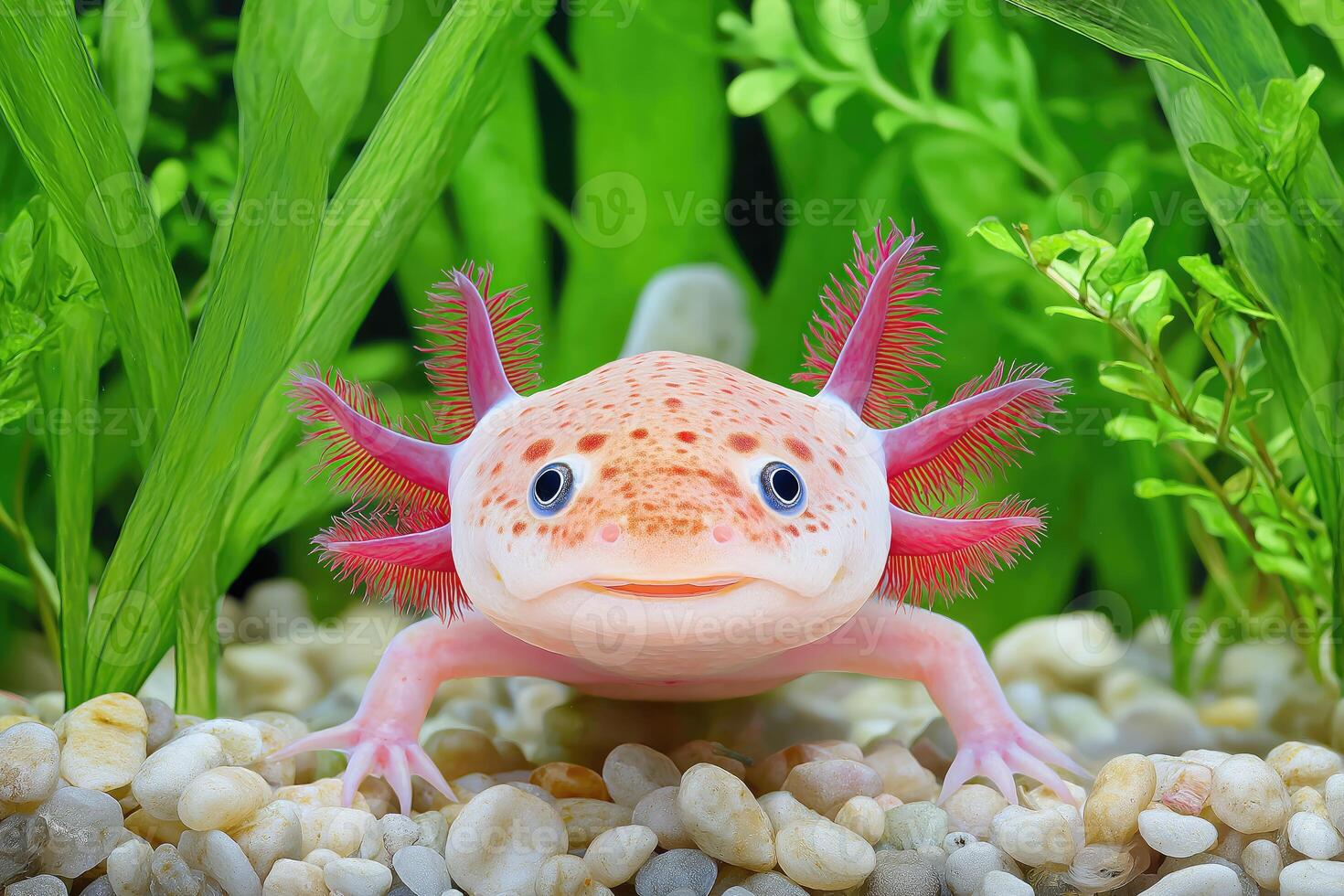 Pink axolotl smiling underwater near green plants. .. photo