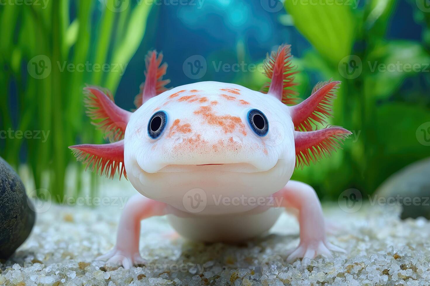 Pink axolotl smiling underwater near green plants. . photo