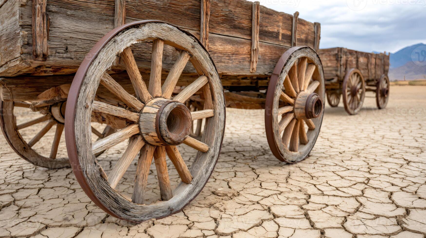 Old wooden wagon wheels resting on dry cracked earth photo