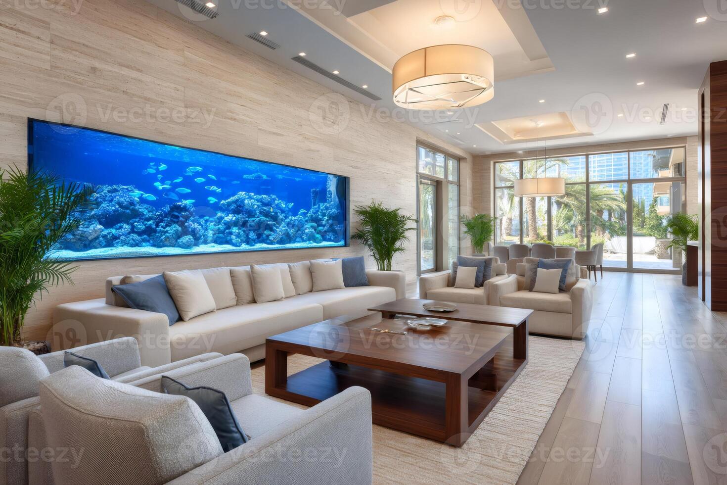 Luxurious living room with large aquarium and tropical fish photo