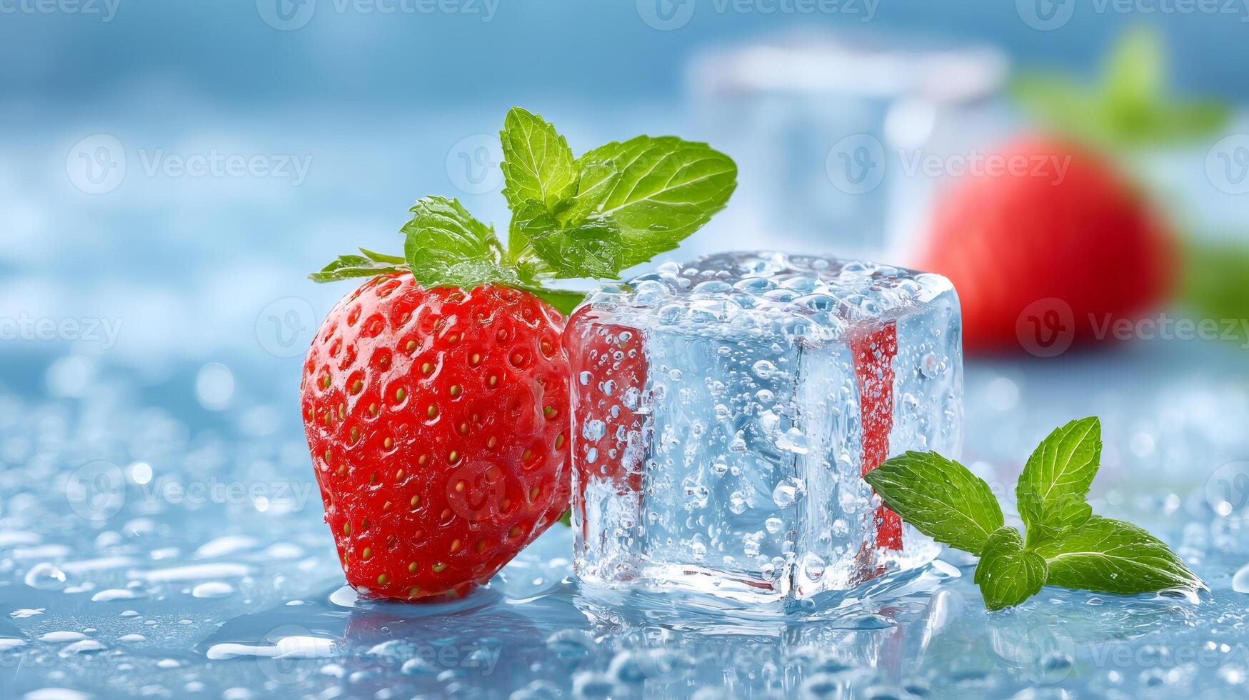 Fresh ripe strawberry with ice cubes and mint leaves on blue background photo