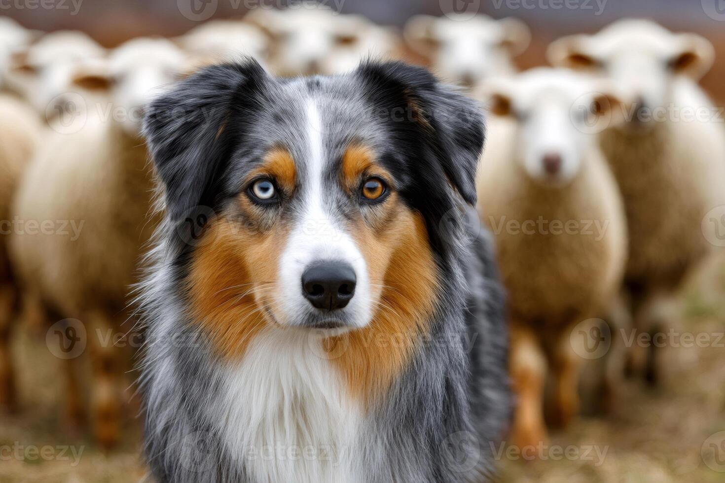 Australian shepherd dog guarding flock of sheep photo