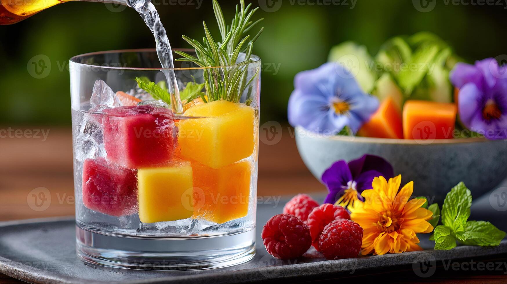Bartender pouring water into glass with ice cubes made of colorful fruits and herbs photo