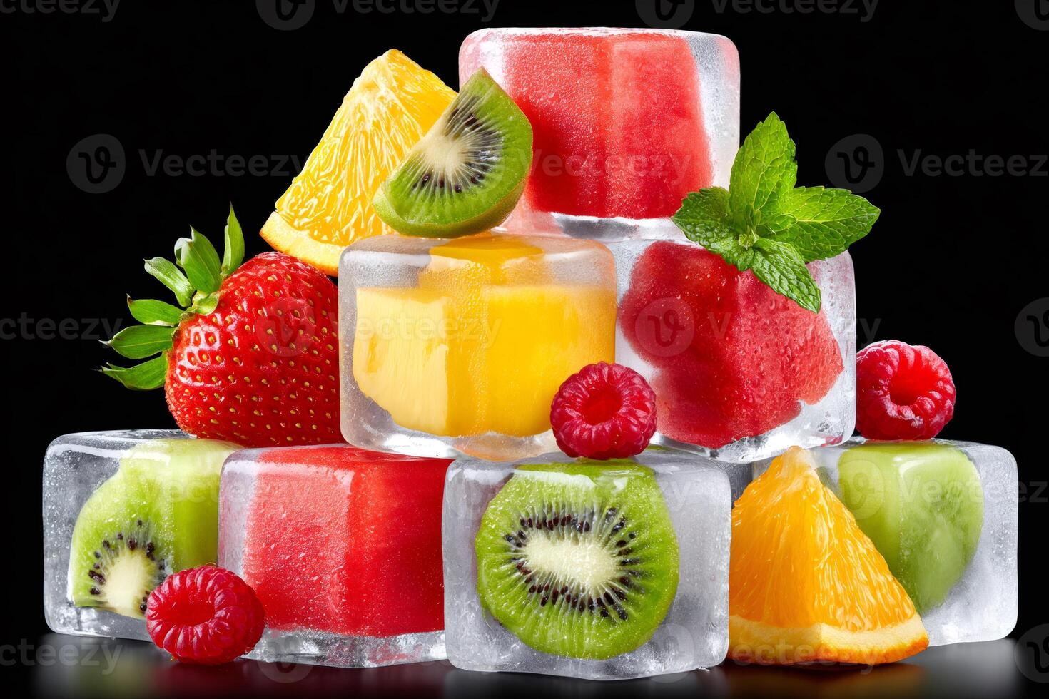 Ice cubes with frozen fruits creating a refreshing summer delight photo