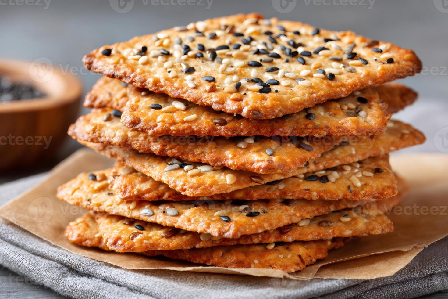 Stack of crispy sesame seed crackers on brown paper photo