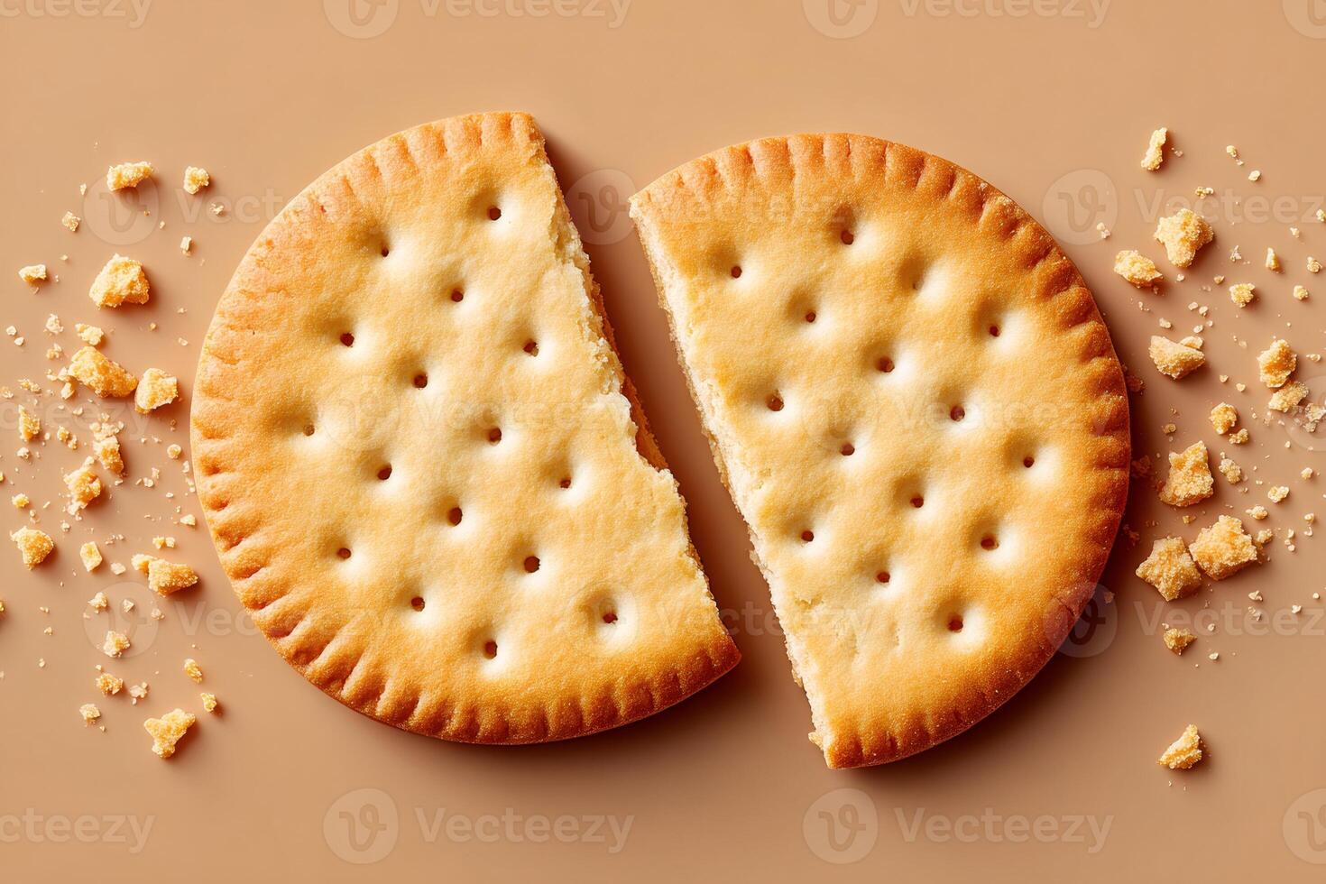 Round cracker splitting into two halves on brown background photo