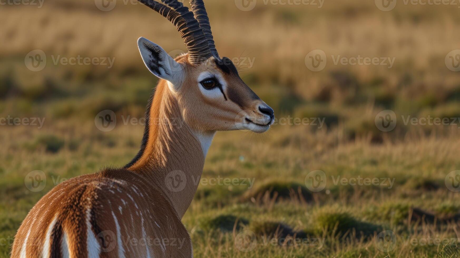 A gazelle with long horns standing in a field photo