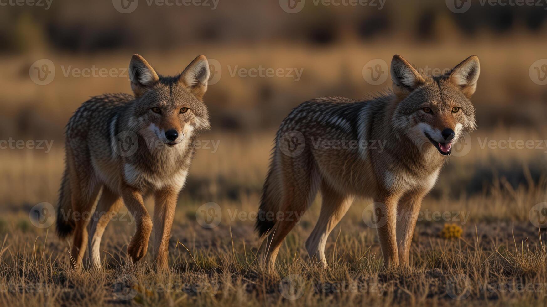 Two coyotes stand alert in a field at dawn or dusk photo