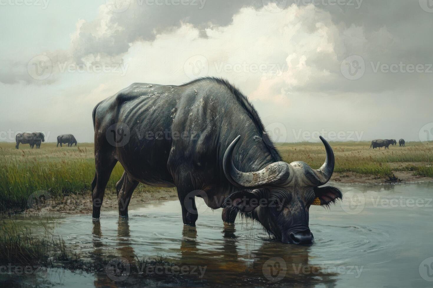 A painting of a buffalo drinking water in a field photo