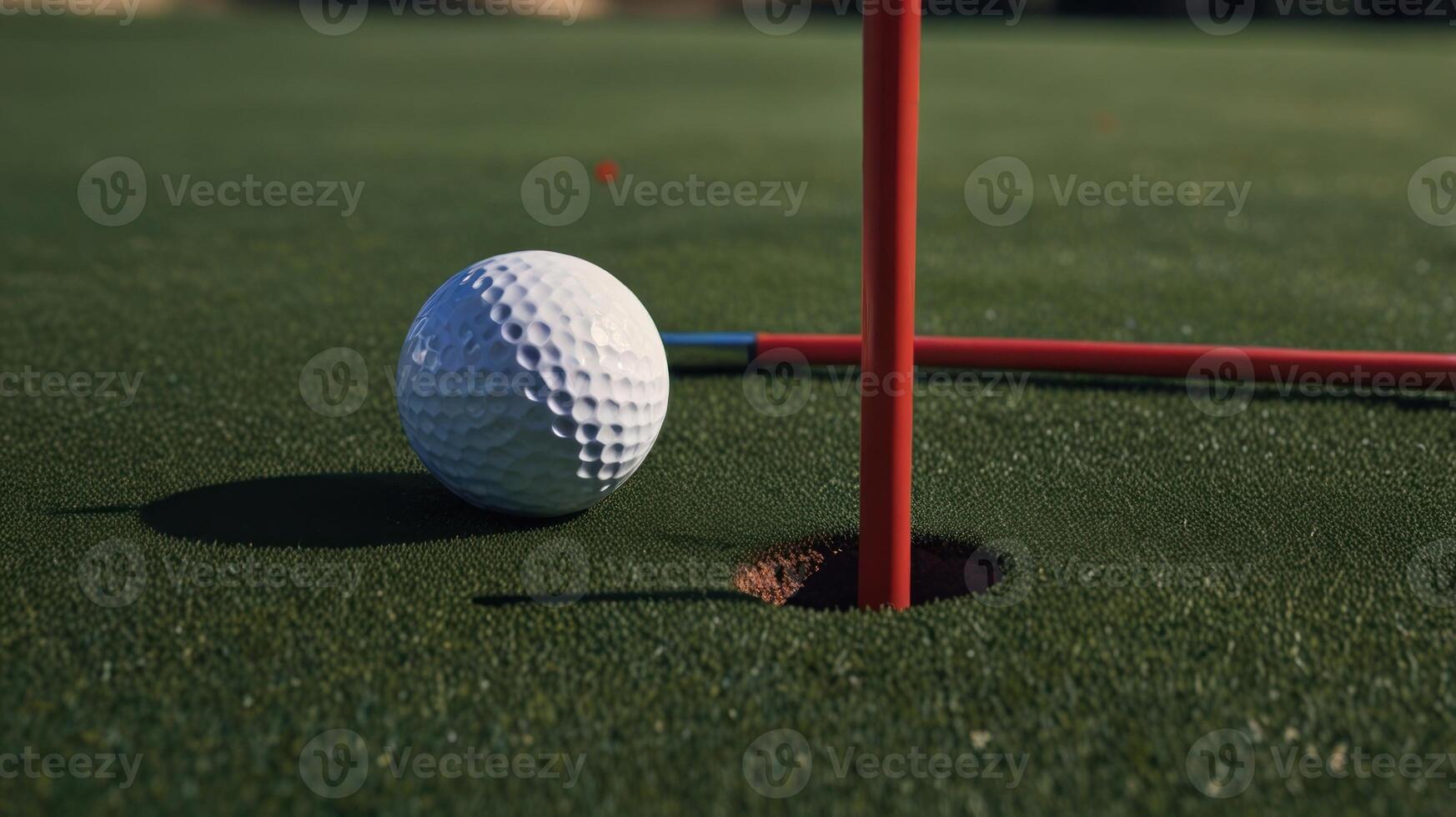 Golf ball and red flag on green grass photo