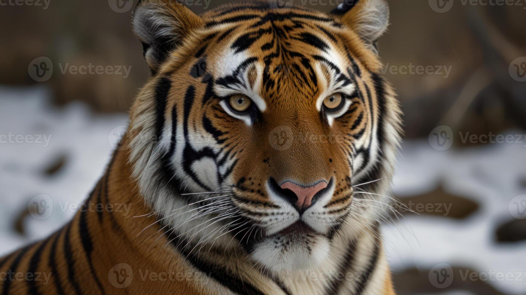 A tiger is looking at the camera in the snow photo