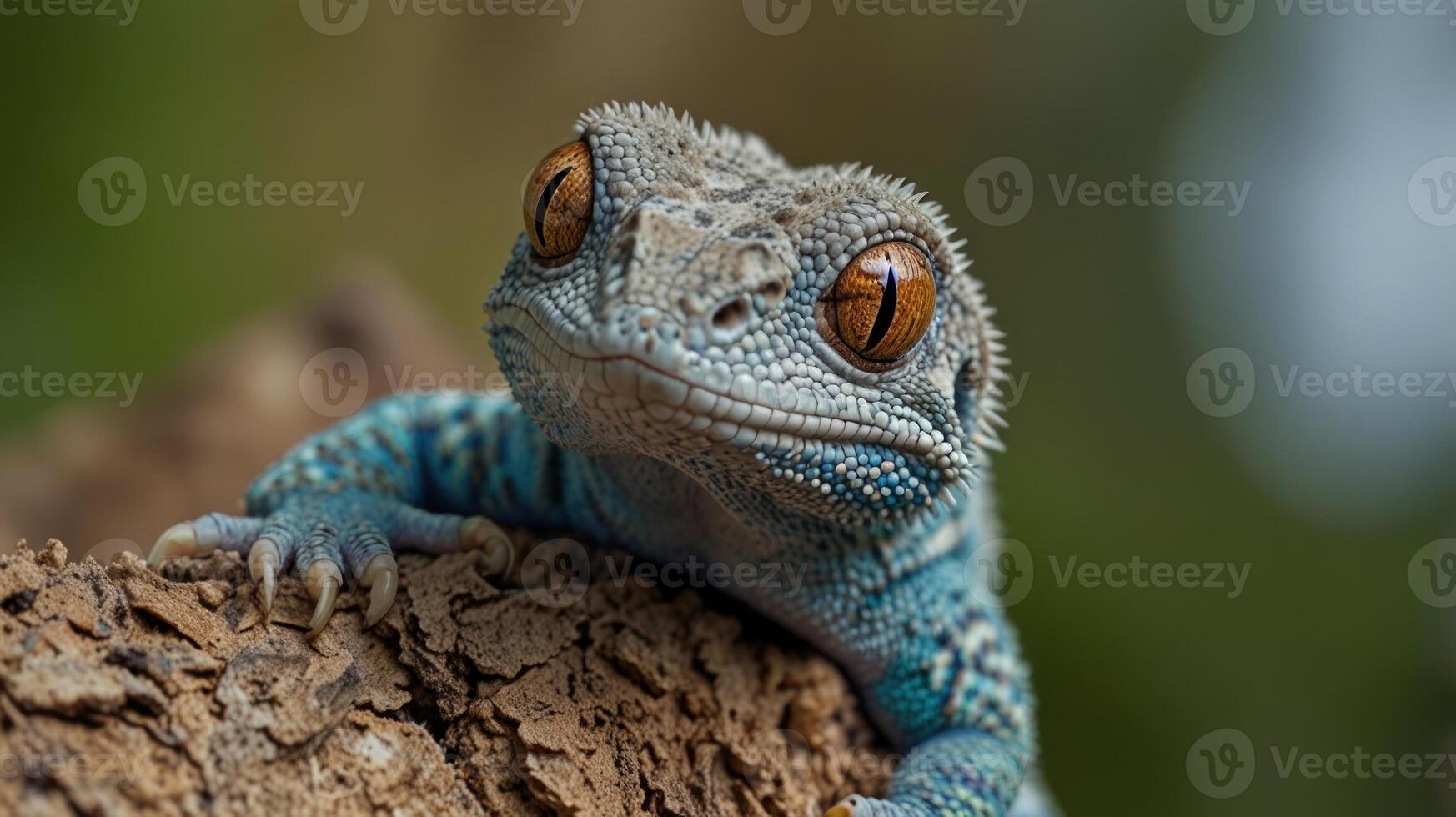 A blue lizard with orange eyes sitting on a tree photo